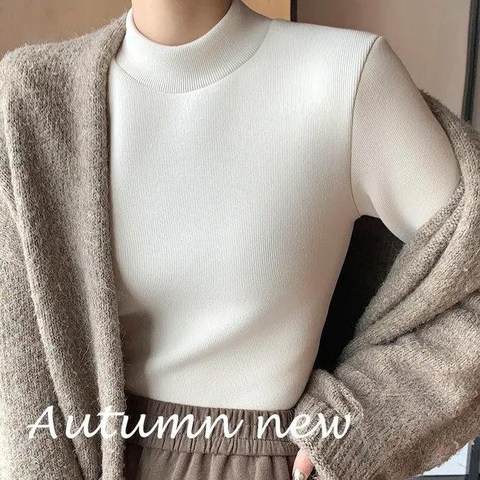 T-shirts pour femmes épais polaire chaud automne hiver chemise à manches longues col roulé t-shirt décontracté coréen basique sous la chemise