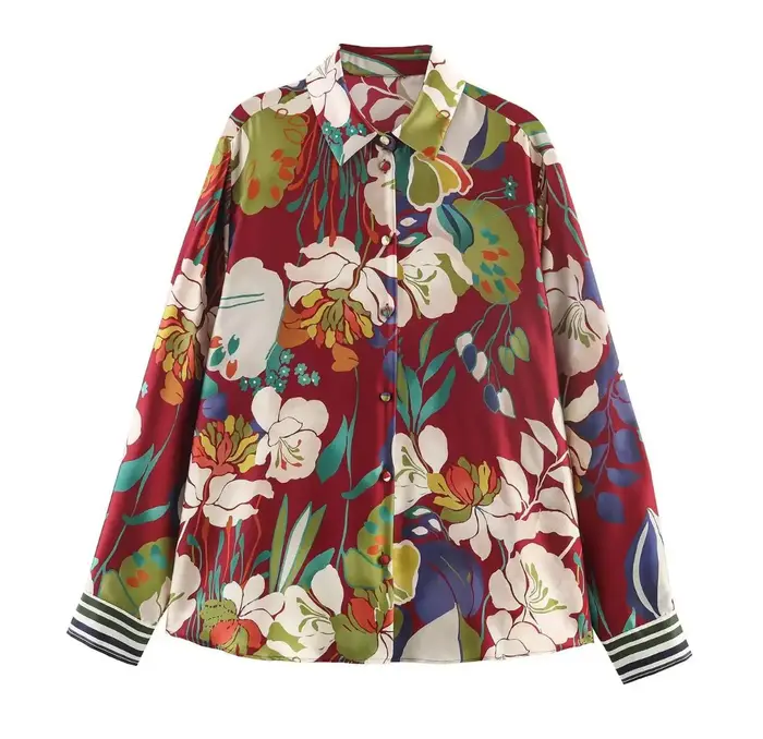 Chemisier Chic en Satin Rouge Profond à Imprimé Floral avec Col Revers, Boutons Simples et Manches L