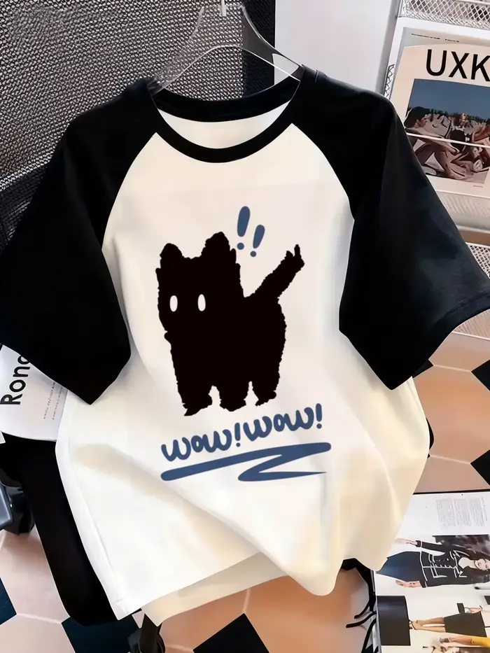 T-Shirt drôle avec lettres de chat imprimées, col rond, haut décontracté à manches courtes pour prin