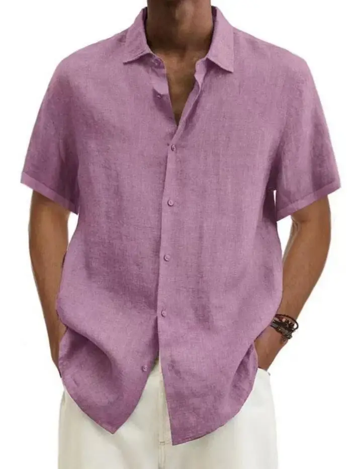 Chemise à manches courtes pour homme en mélange de lin, col boutonné décontracté, légère et respirante