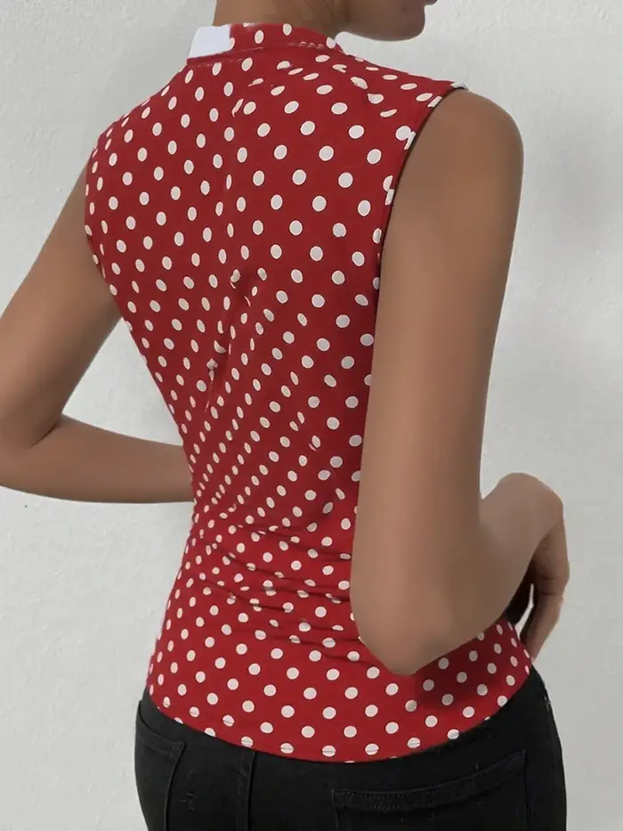 Débardeur Femme Tendance Printemps-Été Marron Blanc à Pois Col V Effet Cache-Cœur Rétro Décontracté Quotidien Saint-Valentin