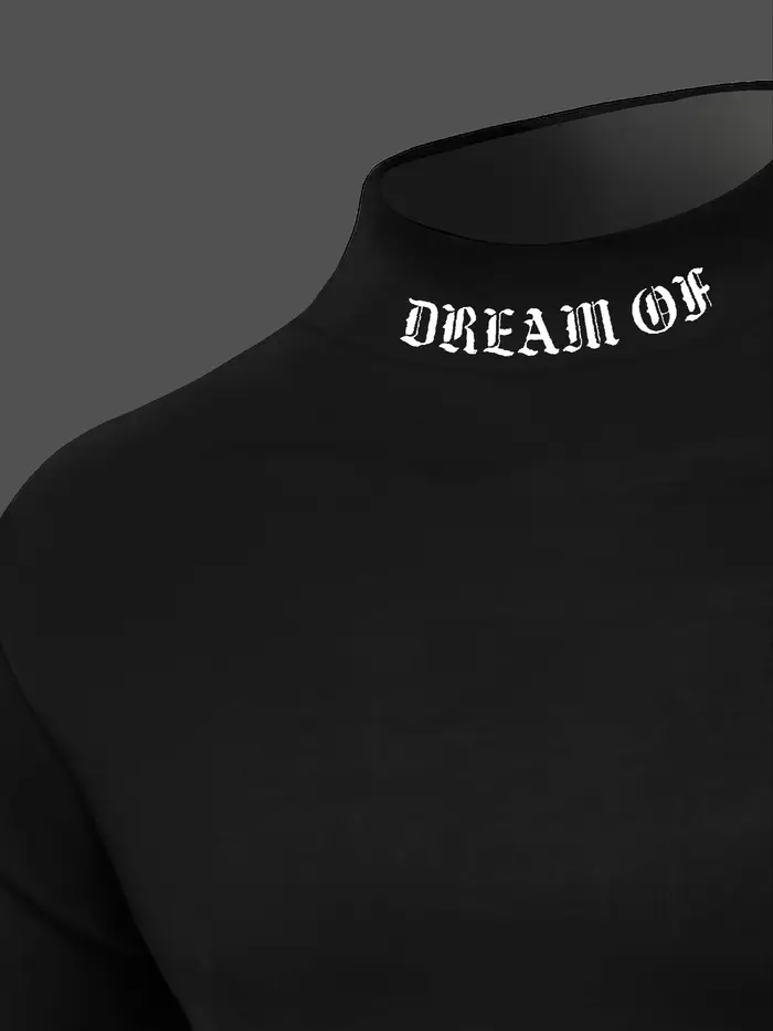 T-shirt à manches longues et col mi-haut pour hommes avec lettres imprimées