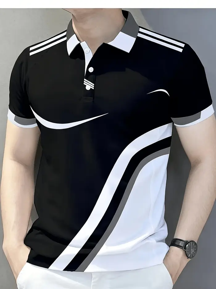 Polo pour homme noir, blanc, gris, à motifs géométriques, avec bordure à rayures, col classique, man