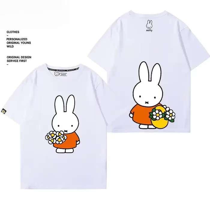 T-shirt Kawaii Miffy 100% coton, imprimé lapin de dessin animé, t-shirt d'été confortable pour enfan
