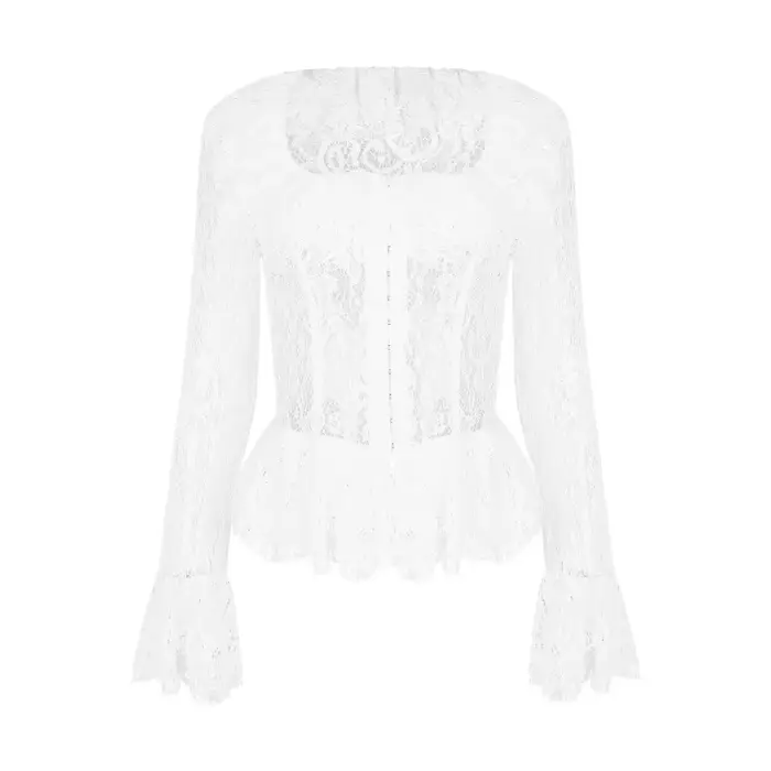 T-shirt décontracté à manches longues et col carré en dentelle pour femmes françaises