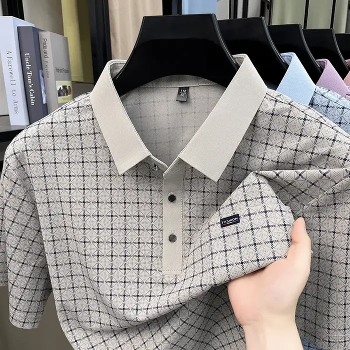 Polo homme à carreaux coupe décontractée avec col à revers