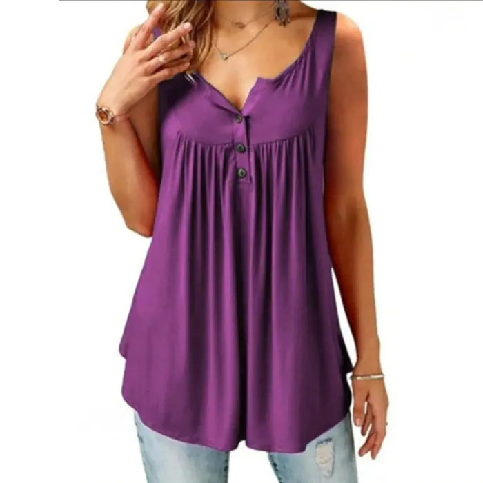 Femmes chaudes débardeur ample solide col en U femme Camisole sans manches plissé débardeur dames bouton 2020 été femmes gilet ample