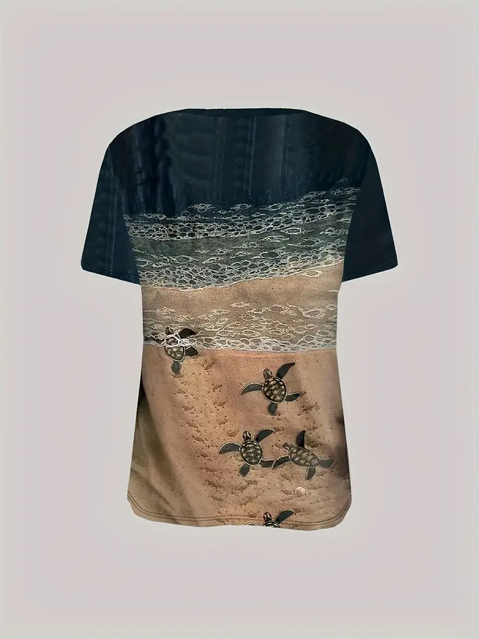 T-shirt Navy Beach pour femme – Motif tortues bébés et vagues océaniques