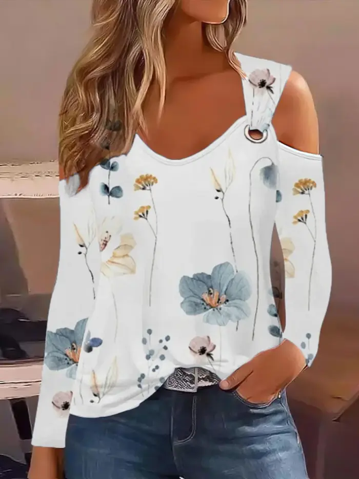 T-shirt rayé à épaules dénudées pour femme, manches longues, col en V, haut décontracté, tenue chic streetwear tendance