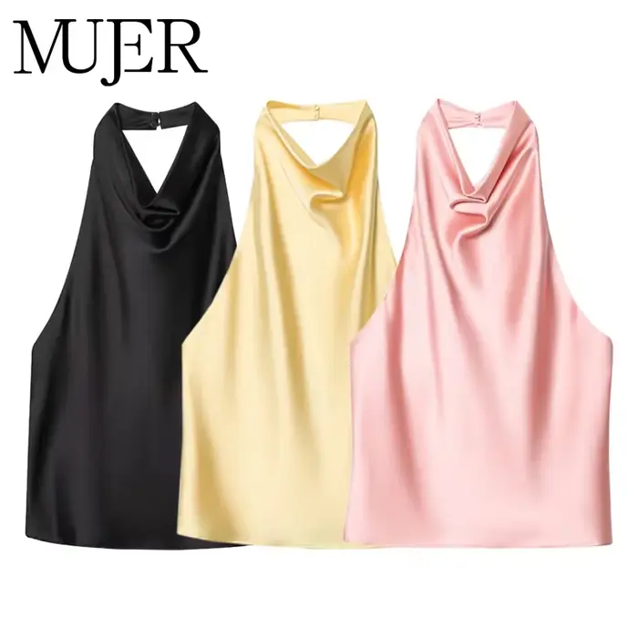 MUJER Satin haut à licou femme 2026 Sexy dos nu hauts pour femmes Camisole épaules nues