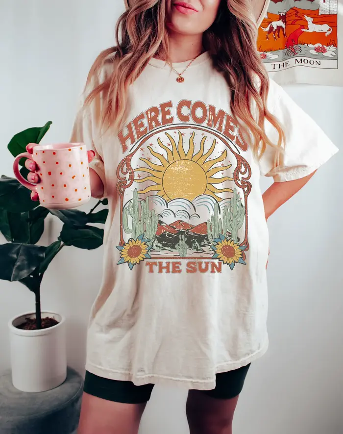 T-shirt rétro pour femmes, grande taille, été, Here Comes The Sun, en coton, respirant, élégant, pol