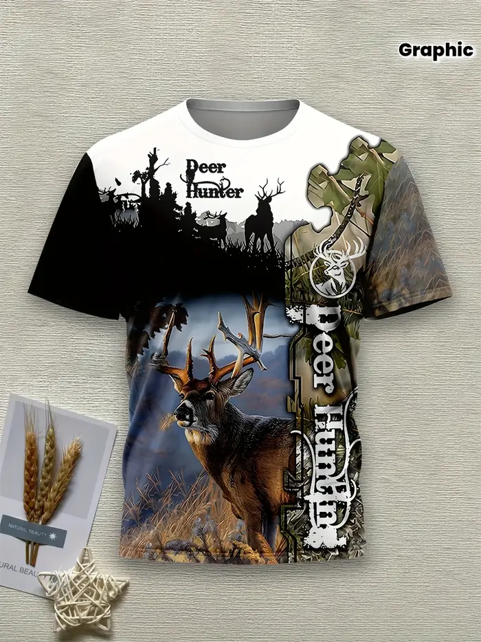 T-shirt décontracté pour homme à imprimé 3D cerf, col rond, manches courtes, style camouflage, motif graphique, hauts de mode pour l'extérieur