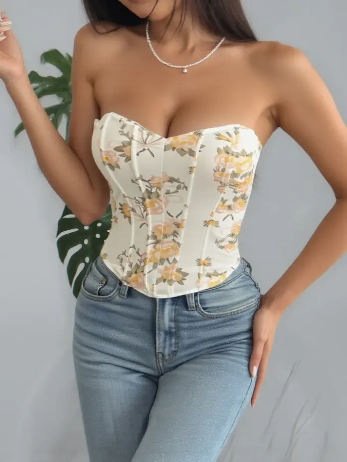 Haut Corset Imprimé Floral Jaune pour Femme