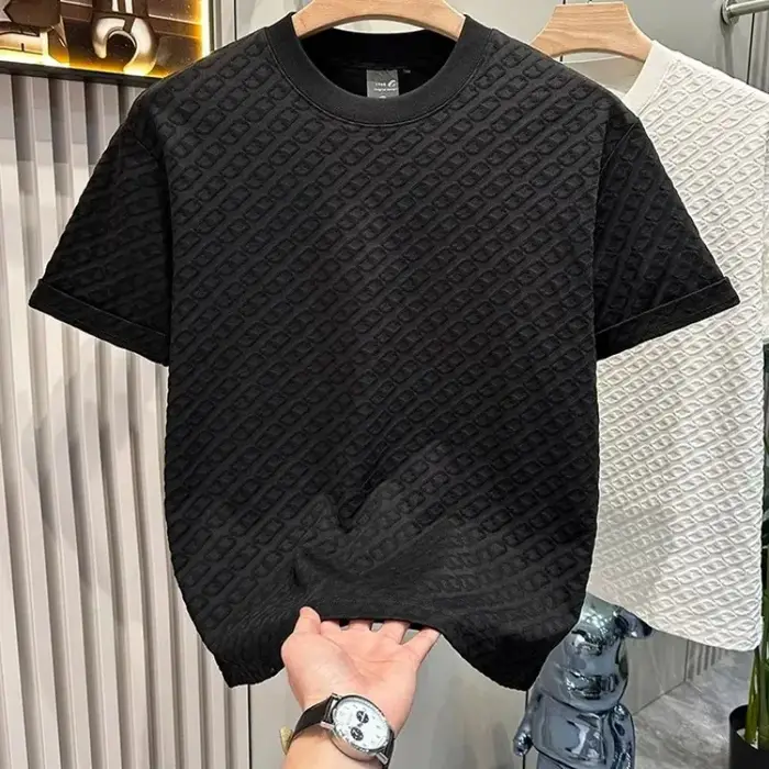 T-shirt d'été pour homme en jacquard texturé à manches courtes, col rond, ample, respirant, basique et décontracté