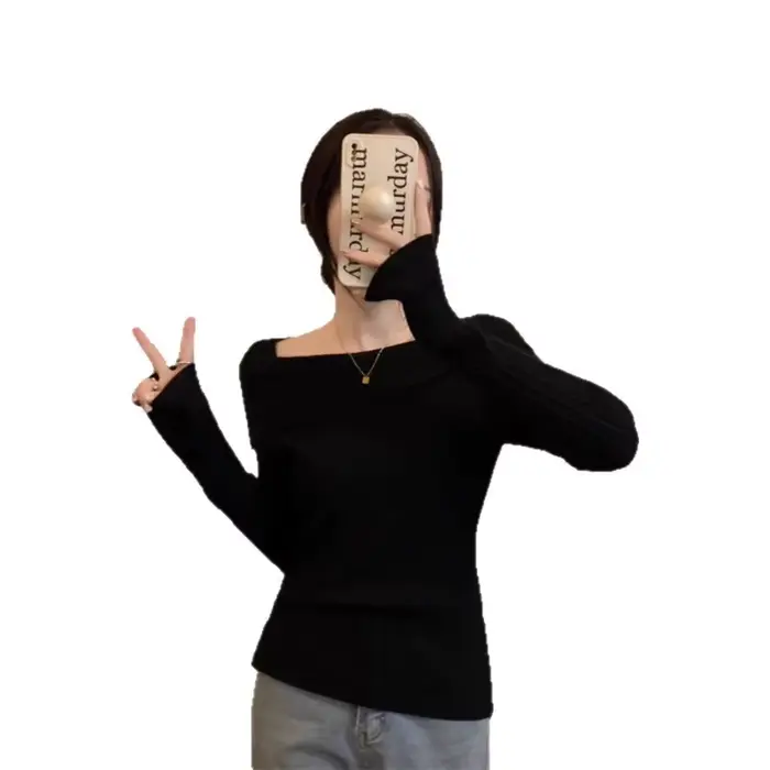 Solide Sexy mince épaules dénudées Slash cou à manches longues tricot pull femmes pulls bureau mode