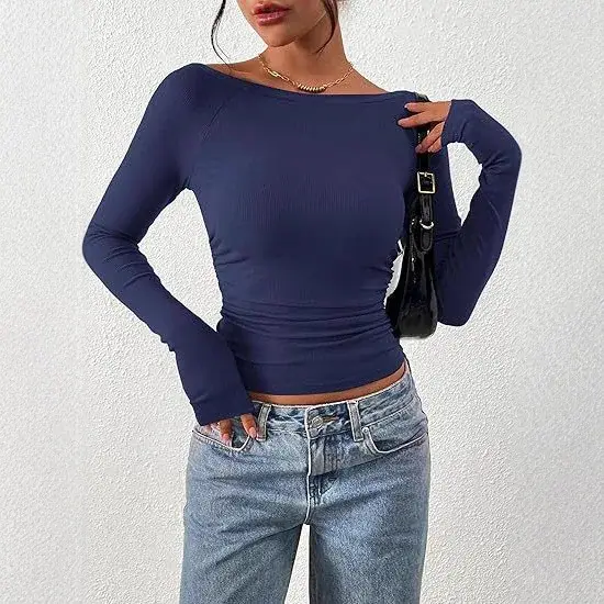 T-shirt côtelé à manches longues pour femme