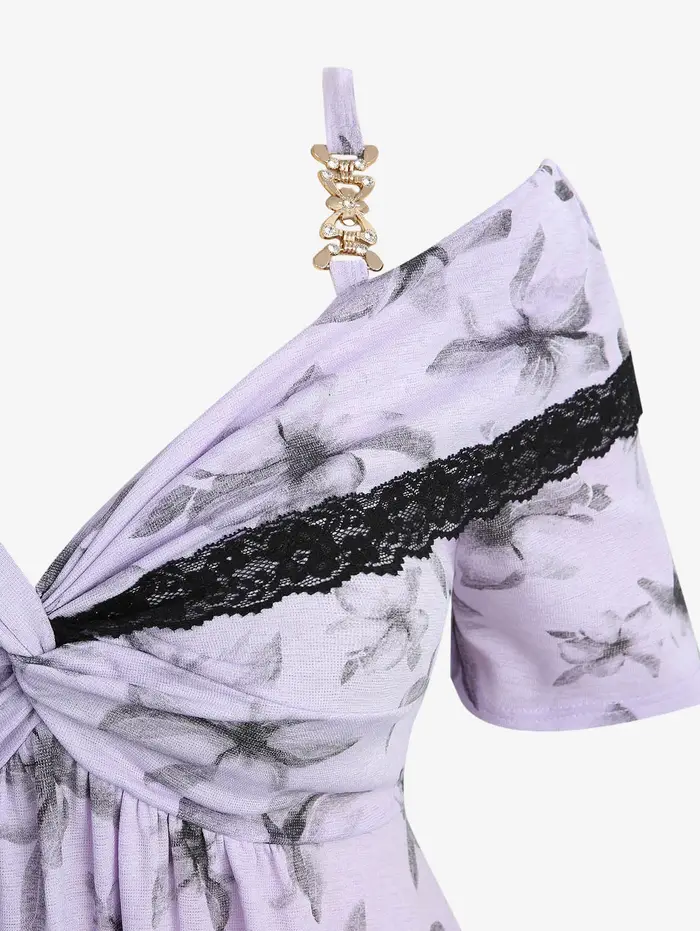 T-shirts pour femmes grandes tailles, imprimé floral violet, col torsadé convertible, détails en dentelle, hauts décontractés à épaules dénudées