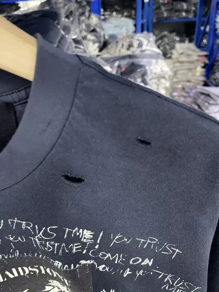 Nouveau Bonne qualité lavé bleu Paly t-shirts hommes femme Vintage haute rue mode col rond trou vieux endommagé haut t-shirt à manches courtes