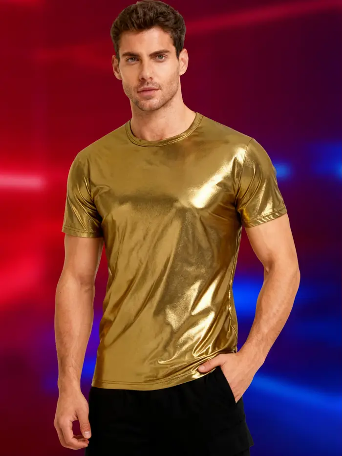 T-shirt à manches courtes brillant doré pour homme, idéal pour les fêtes, le sport et un style décon