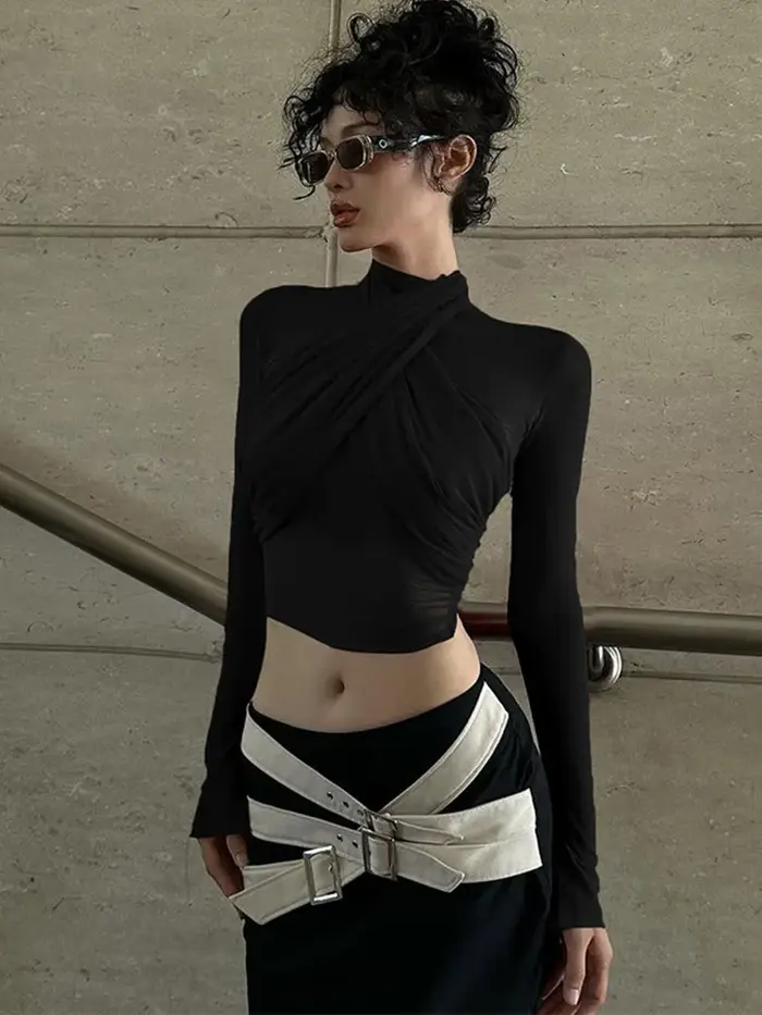 Haut court drapé à col roulé en maille à manches longues, haut bandage, t-shirt transparent, streetw
