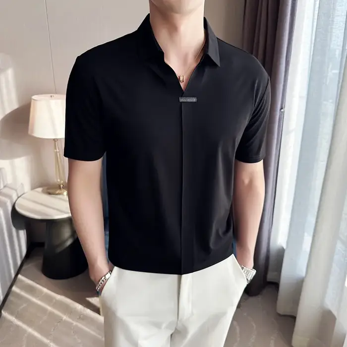 Polos de luxe à manches courtes pour hommes, t-shirts à col rabattu, coupe couvertes élastique, chem