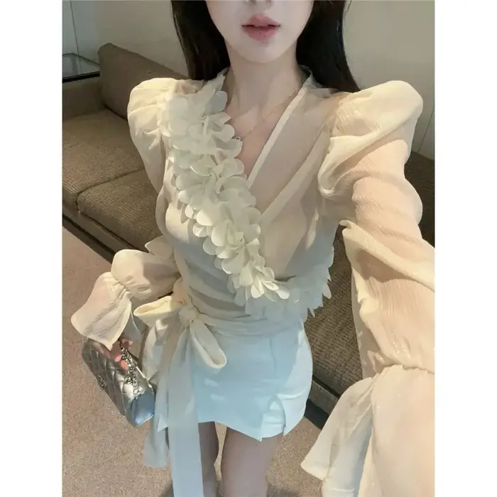 Chemise française en mousseline de soie à manches bouffantes pour femmes, petit haut français à col en v, pur désir, belles chemisiers, été
