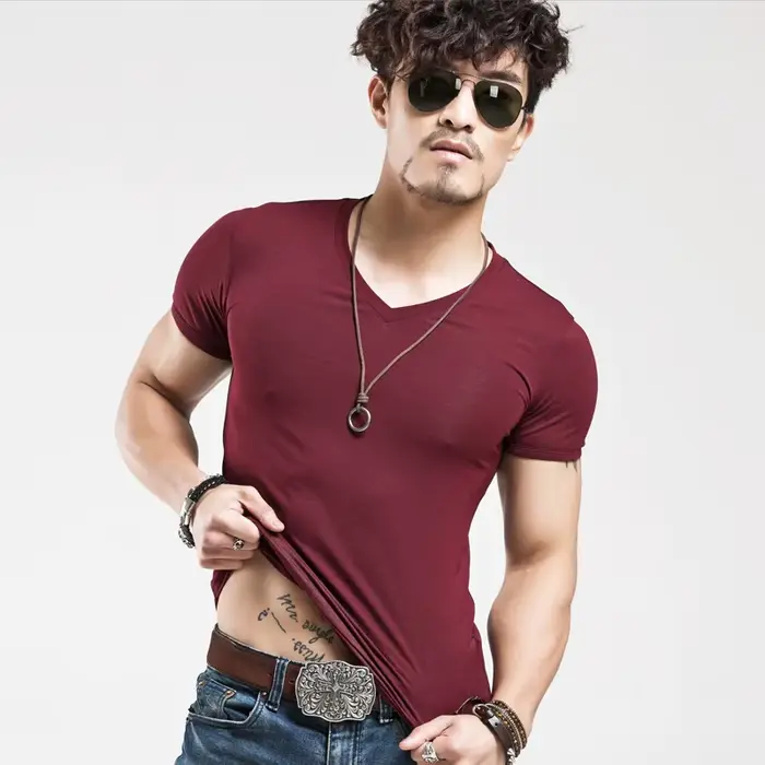 MRstuff-T-shirt à manches courtes et col en V pour homme