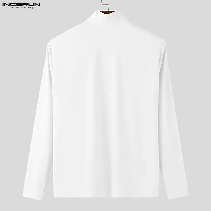 INCERUN hommes t-shirt col roulé fermeture éclair manches longues décontracté mâle