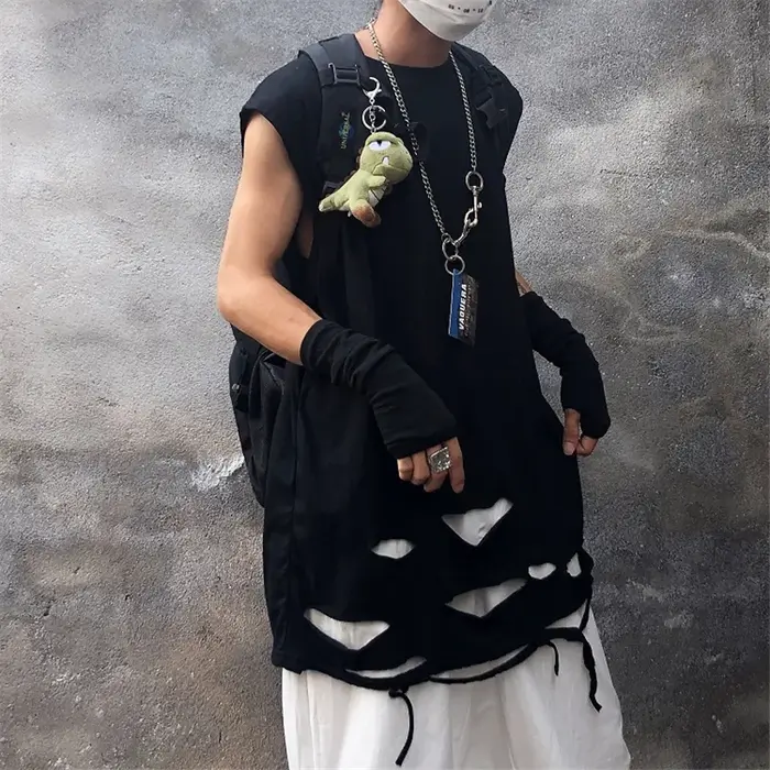 Débardeur d'été déchiré style punk hip-hop vintage pour hommes et femmes