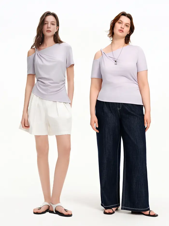 DUSHU T-shirt asymétrique à épaules dénudées pour femme, coupe irrégulière, été 2026, manches courte