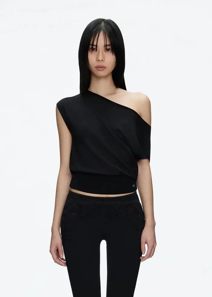 Tank Top Noir à Épaules Découpées, T-shirt Tricoté Léger et Élégant à Col en V