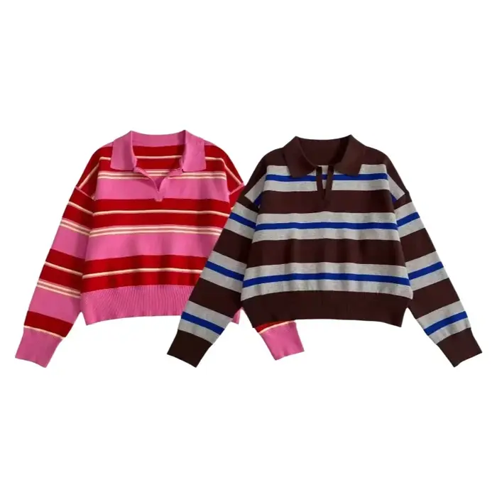 Polo à manches longues en tricot rayé pour femme