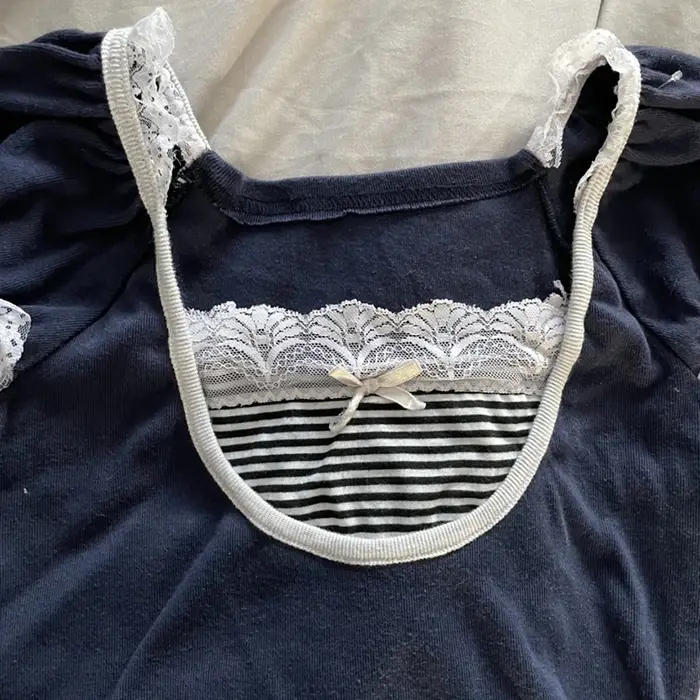 Kawaii Bow dentelle garniture T-shirt Vintage rayé Patchwork coupe ajustée haut court Y2K esthétique fée Grunge rétro pull t-shirts femmes