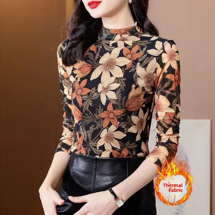 T-shirt thermique chaud à manches longues et col semi-montant pour femme