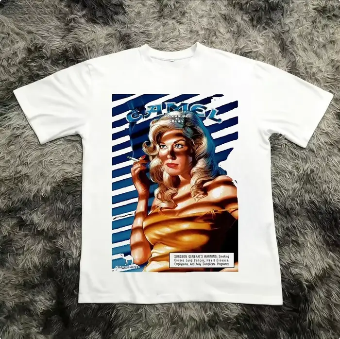 T-shirt Rétro Camel Cigarettes Pleasure to Burn en Coton Vintage à Manches Courtes