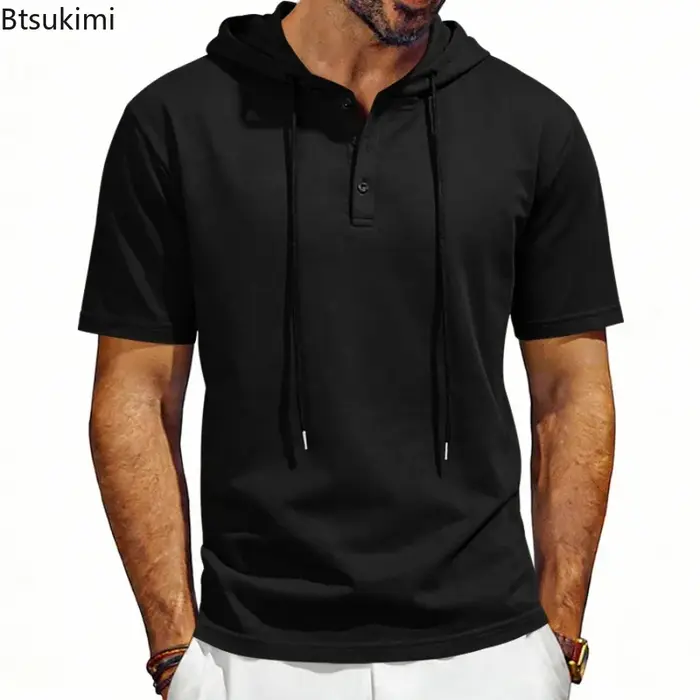 T-shirt à capuche confortable à manches courtes pour homme 2026 – Col Henley
