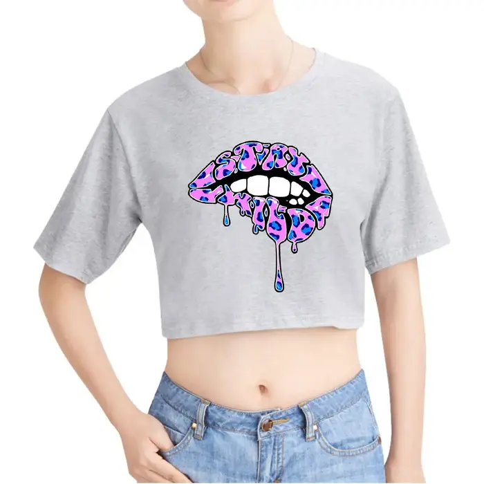 Ben Azelart Stay Wild Lip Vintage 90s Crop Top Exposed Navel T-Shirt Oversize O-Neck Tops Women Funny