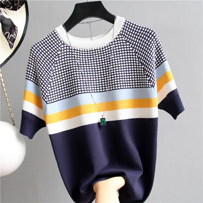 Camisetas Mujer nouveau mince tricoté T-Shirt femmes à manches courtes été hauts Femme vêtements ray