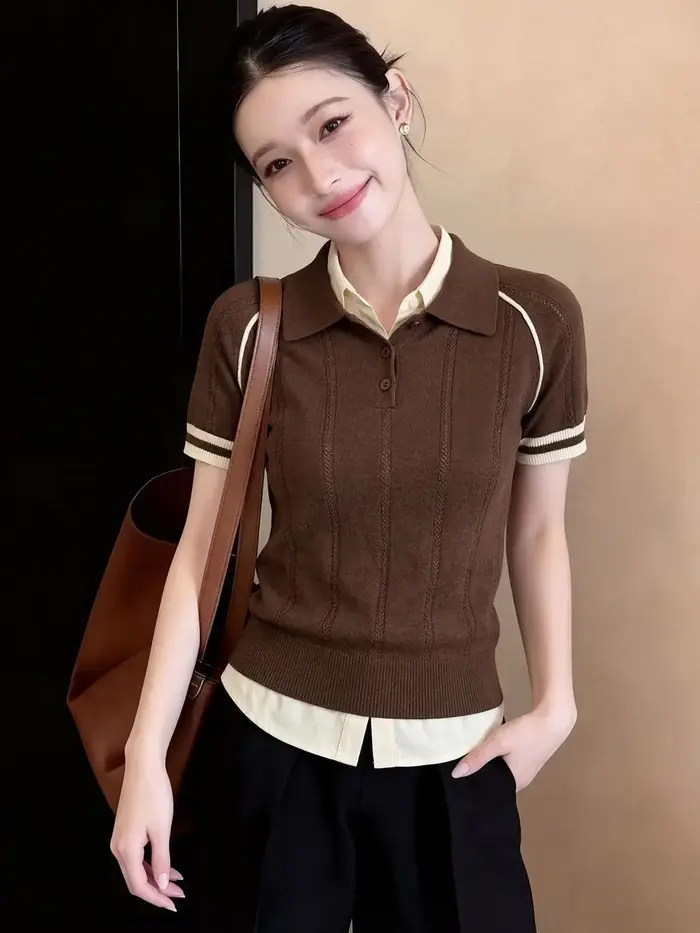 T-shirt marron à manches courtes pour femme, haut polo tricoté d'été