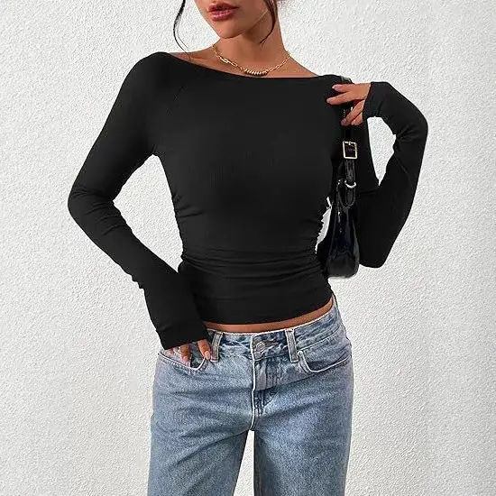 T-shirt côtelé à manches longues pour femme