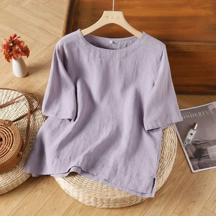 T-shirt à manches courtes en mélange de lin pour femme