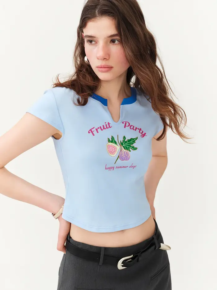 T-shirt ajusté à manches courtes FSLE pour l'été 2026 – Nouvelle collection – Hauts courts imprimés audacieux style sexy en coton – Nouveau design