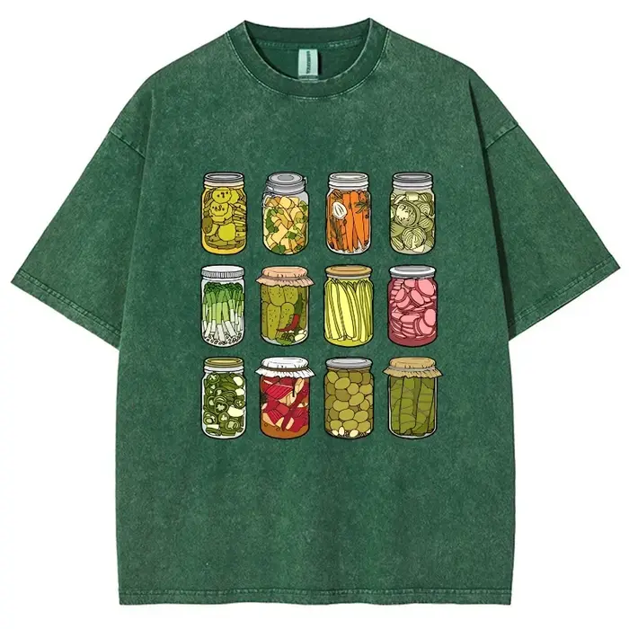 Dessin animé Kimchi imprimé T-shirt rétro lavé coton col rond manches courtes décontracté Design de mode unisexe haut basique