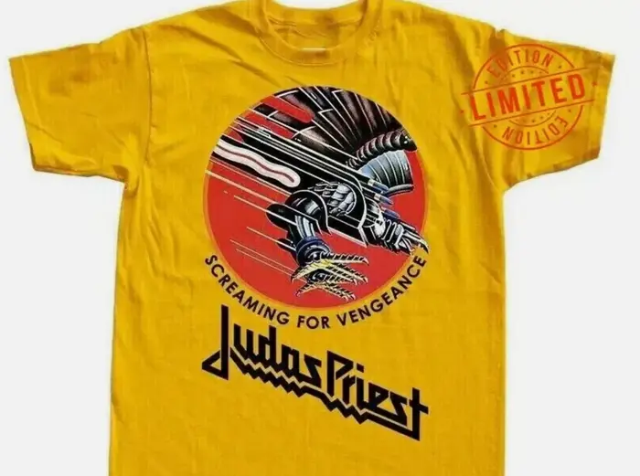 JUDAS PRIEST SCREAMING FOR VENGEANCE T-SHIRT JAUNE POUR HOMME IMPRIMÉ EN DTG S-5XL