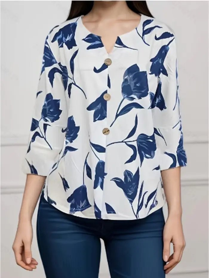 Chemisier à manches longues imprimé blanc pour femme, col en V, chemise boutonnée, haut élégant, mod