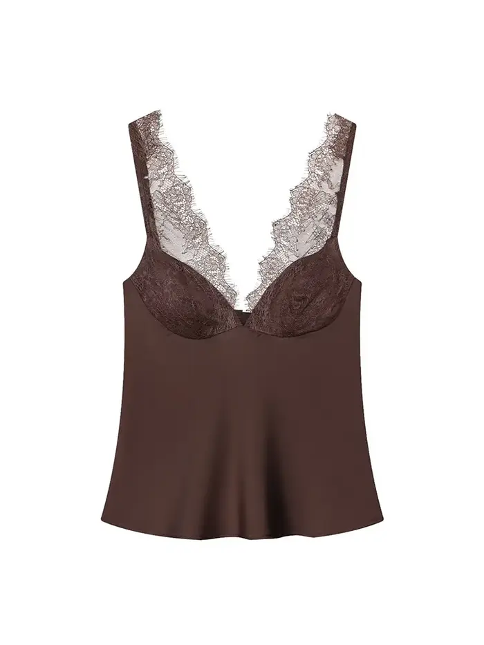 HH Femme Mode Décoration en dentelle Haut court uni Sexy Sans manches Dos nu Col en V Fermeture éclair latérale Texture satinée 3 couleurs Hauts d'été