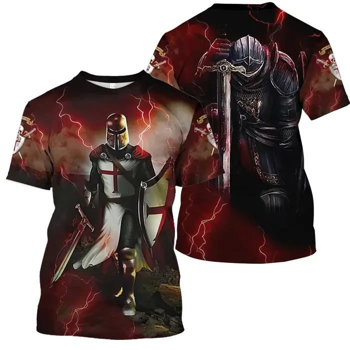 2025 T-shirt Vintage pour hommes 3D chevalier imprimé hauts rue Hip Hop col rond manches courtes