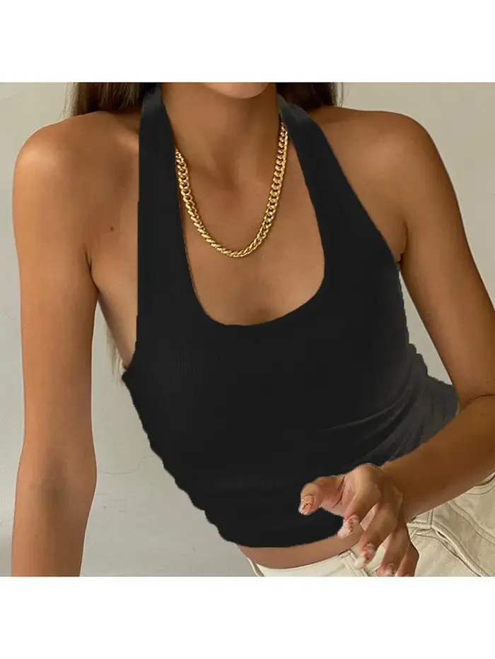 Débardeur blanc dos nu pour femmes, col licou, Sexy, Streetwear, sans manches, en tricot côtelé, hau