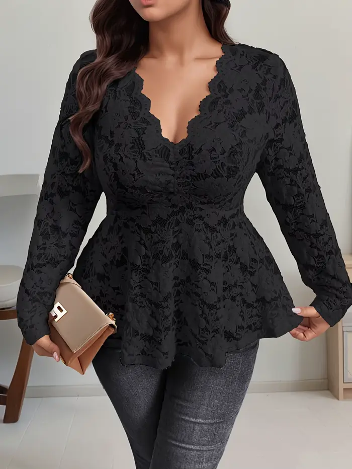 T-shirt à manches longues en dentelle pour femmes, élégant, à la mode, haut en dentelle, coupe confo