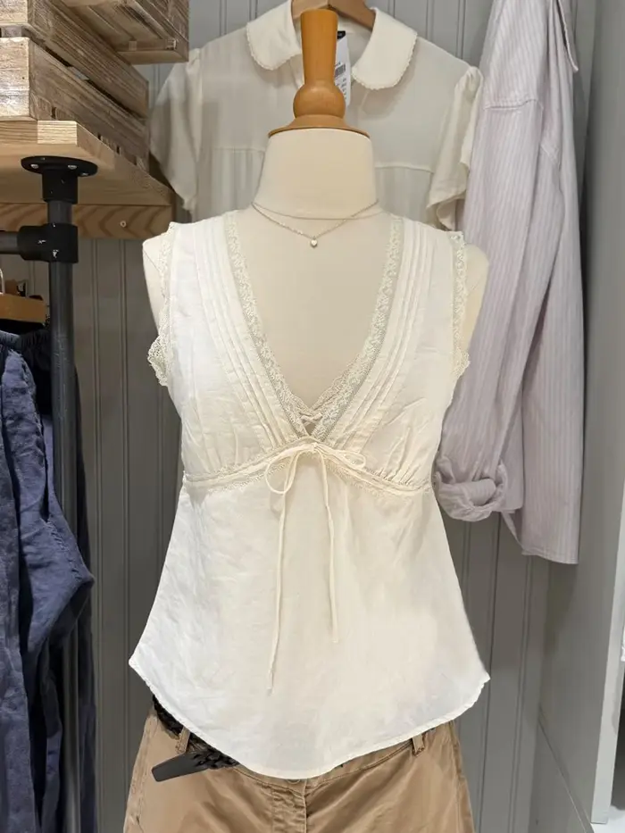 Débardeur à lacets avec bordure en dentelle pour femme, été, sexy, col en V profond, plis, coton, sa